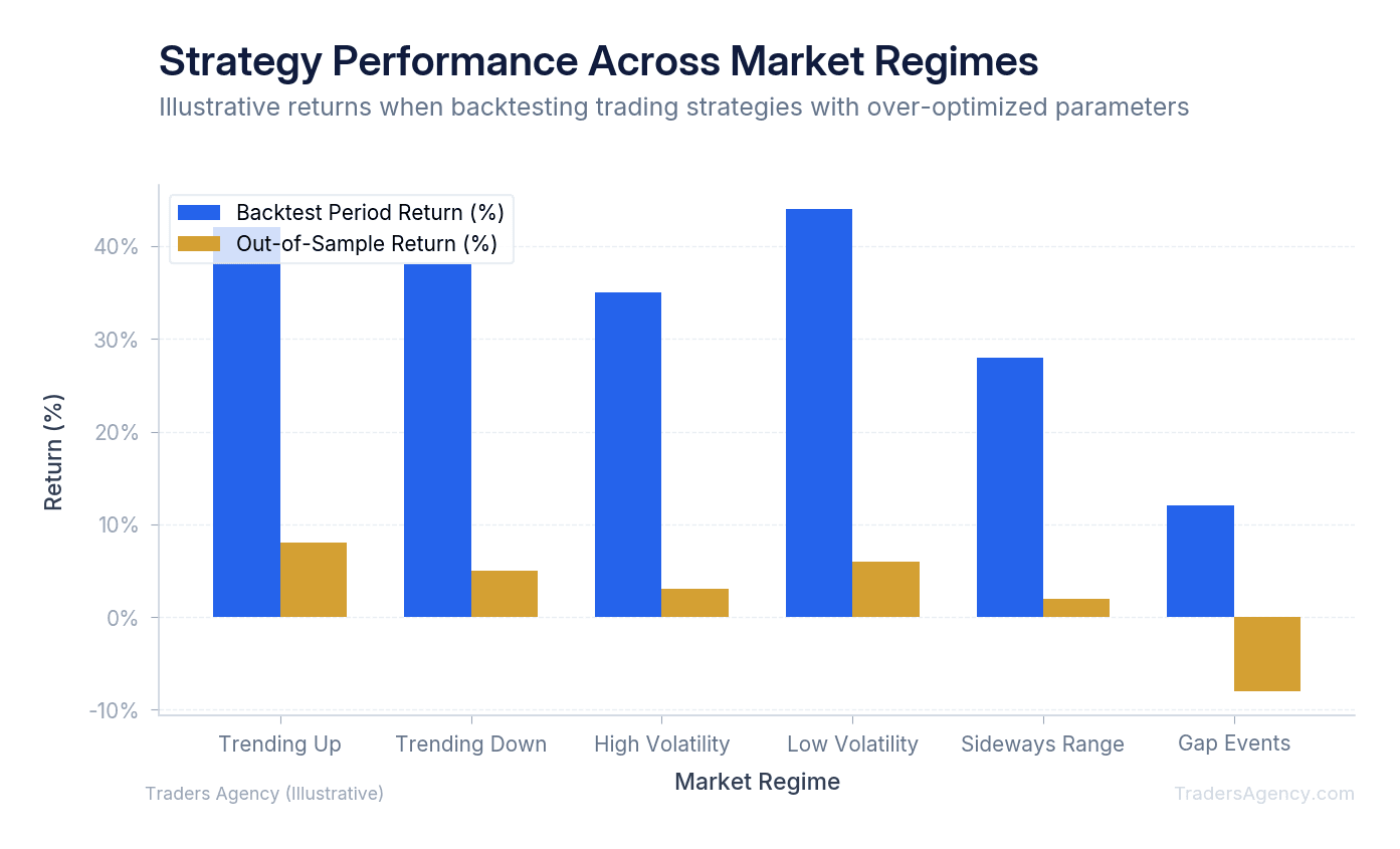 Bar chart showing strategy returns varying significantly across different market conditions when parameters are over-optimized