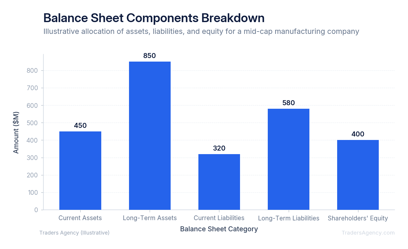 Stacked bar chart showing the composition of a company's balance sheet with current assets, long-term assets, current liabilities, long-term liabilities, and equity