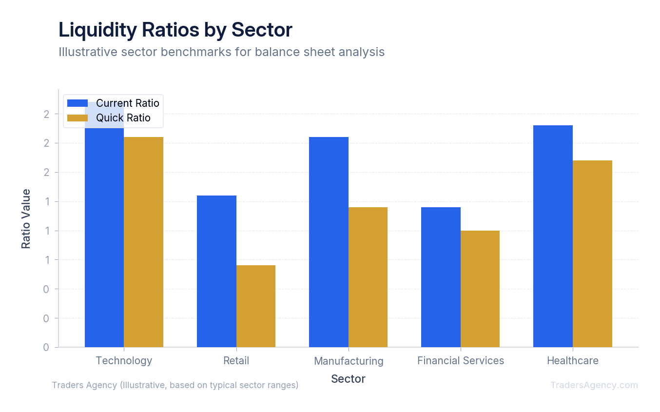 Bar chart comparing current ratio and quick ratio for technology, retail, manufacturing, and financial services sectors