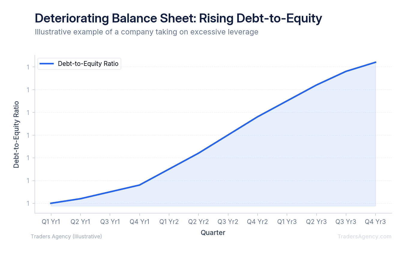 Line chart showing debt-to-equity ratio rising from 0.6 to 1.2 over 36 months, indicating increasing financial risk