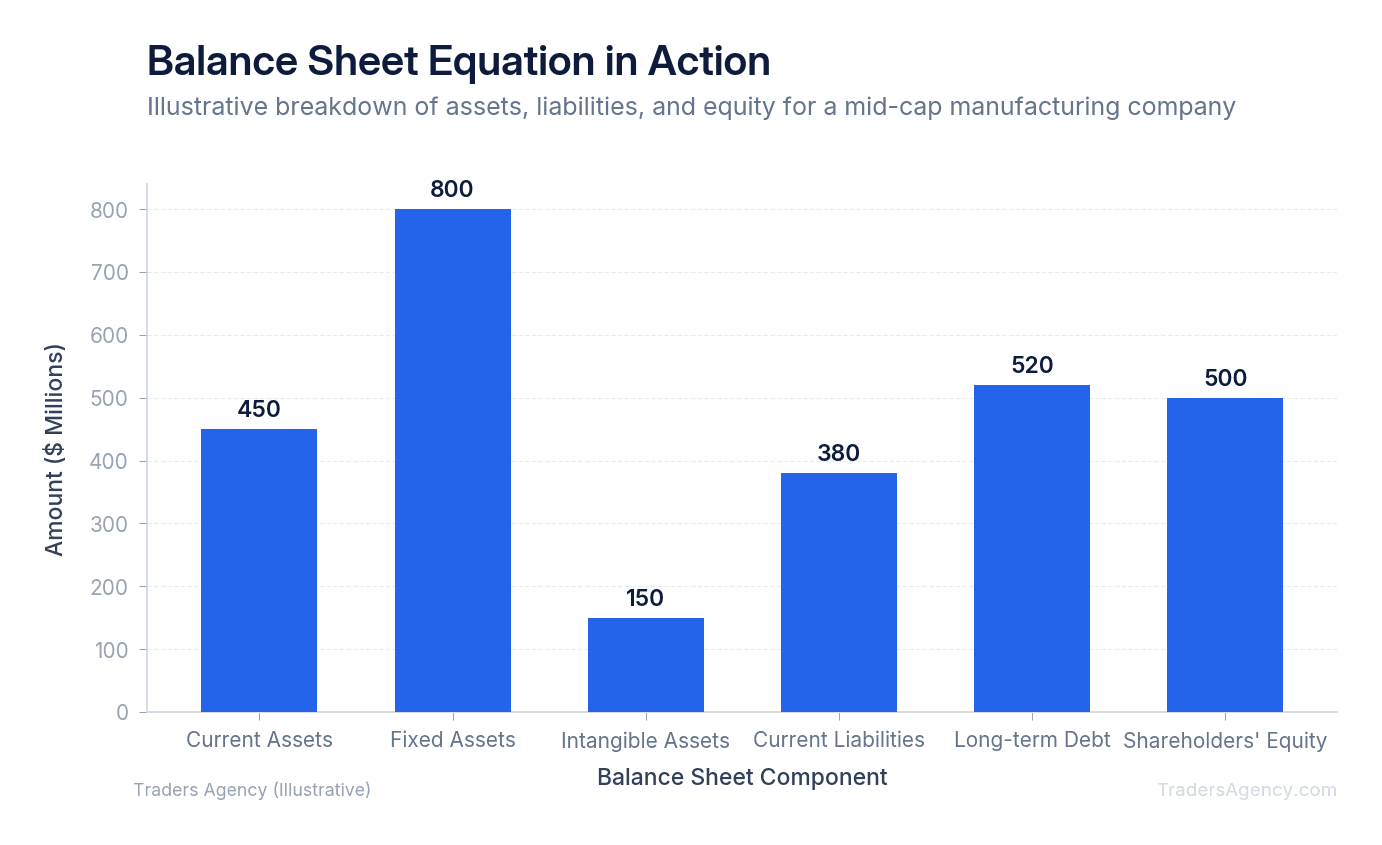 Stacked bar chart showing the relationship between total assets and the sum of liabilities plus equity for a hypothetical company
