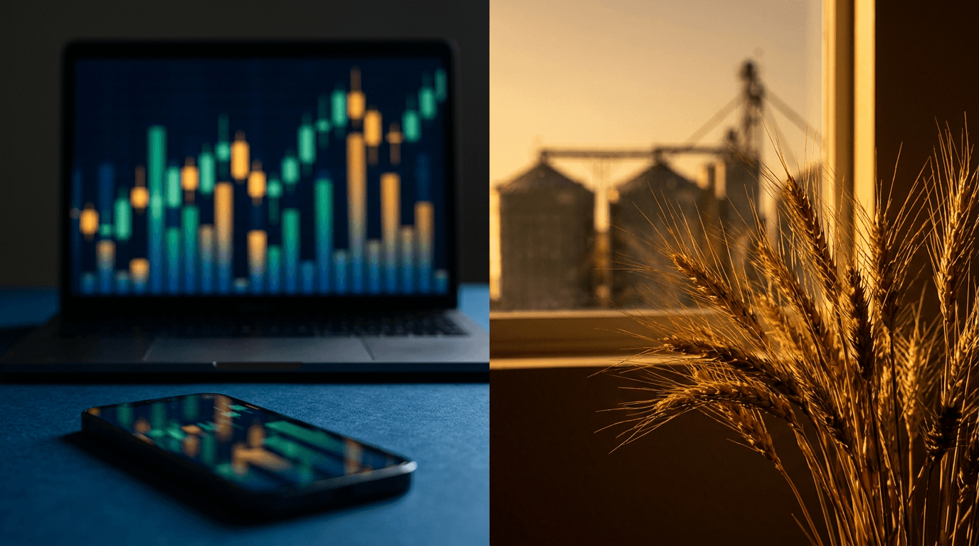 A split-screen style composition showing a sleek trading dashboard with colorful bar charts and candlestick graphs glowing on a dark monitor, alongside commodity elements like golden wheat stalks or grain silos in the background.