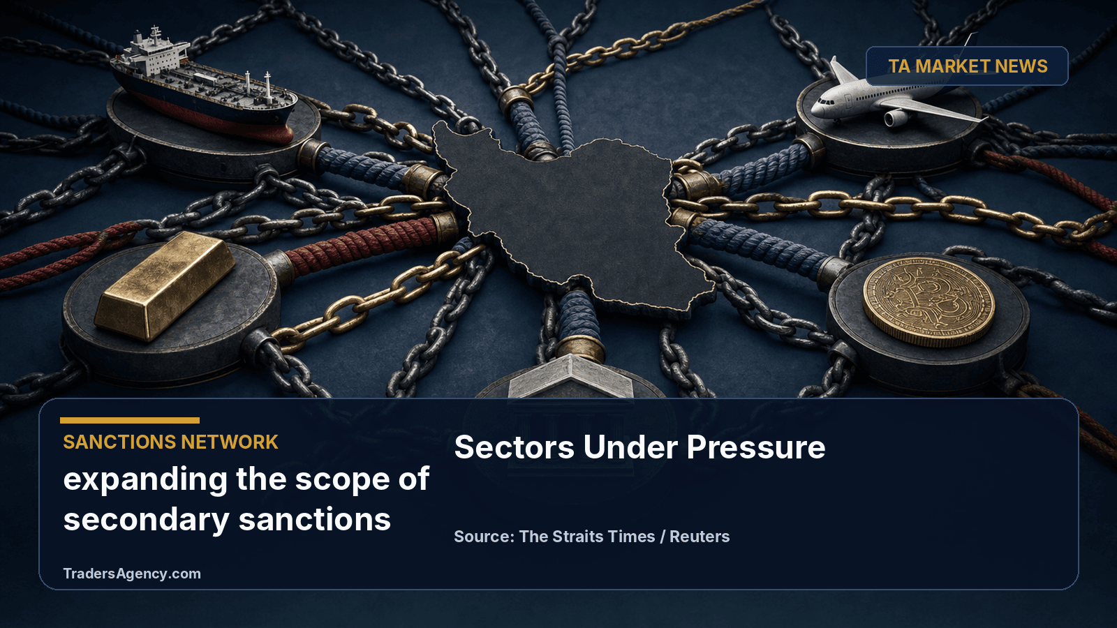 Editorial illustration of chains radiating from a central point to icons of a ship, plane, gold bar, digital coin and bank, representing expanding sanctions across sectors.