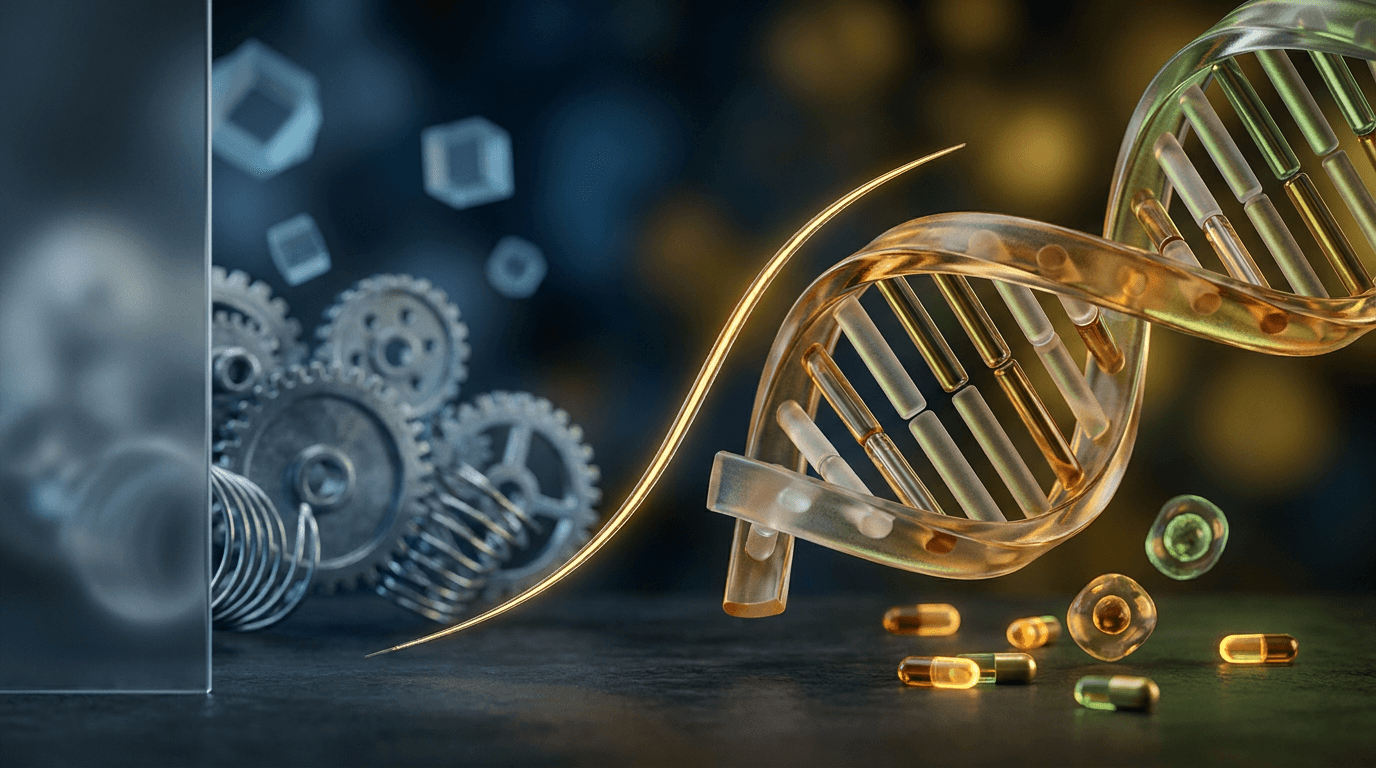 A split-scene image showing a sharp upward-trending stock chart line breaking through a stylized DNA double helix, symbolizing the intersection of financial recovery and biotechnology.
