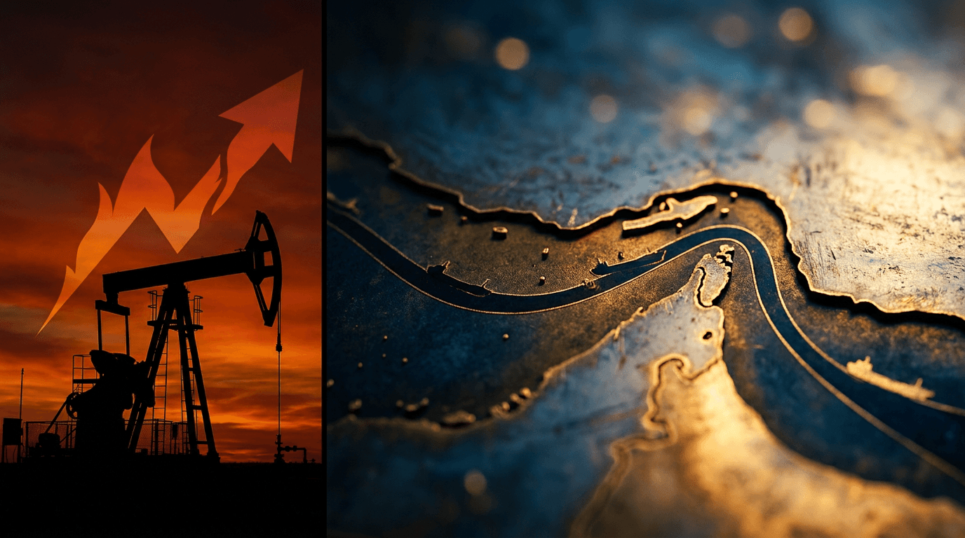 A dramatic split-composition image showing an oil pumpjack or tanker silhouetted against a fiery orange-red sky on one side, symbolizing the sharp price surge and Middle East tension, with a rising red arrow or flame graphic overlay suggest
