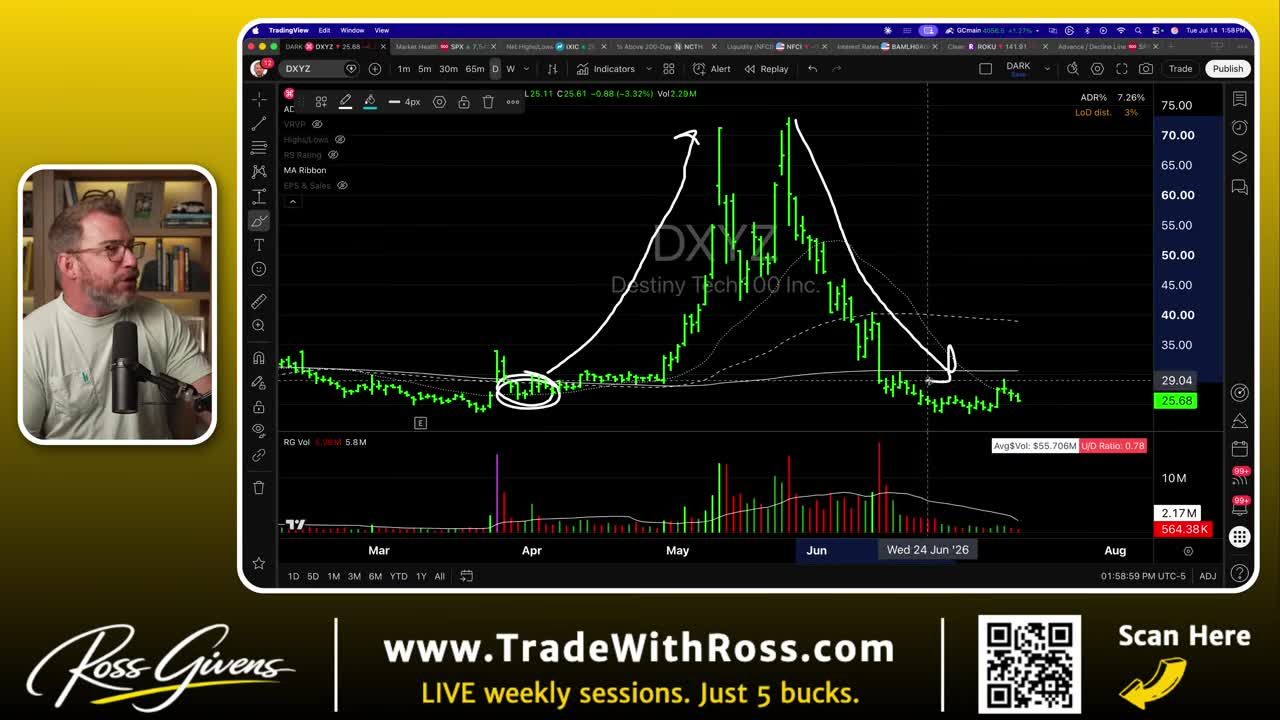 DXYZ daily candlestick chart showing a massive price spike from around $10 to $75 followed by a sharp crash back down to $25, with arrows highlighting the parabolic rise and fall