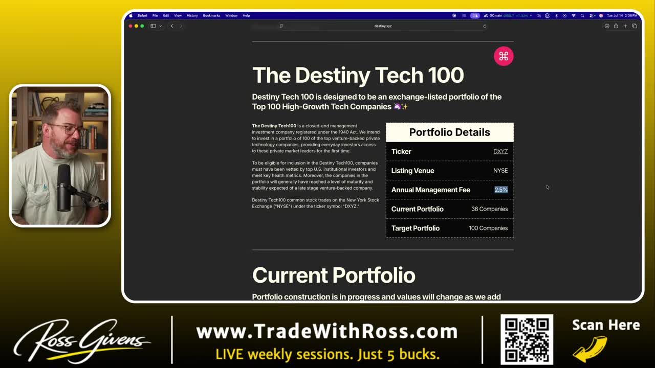 Destiny Tech 100 (DXYZ) portfolio details table showing ticker, NYSE listing, and 2.5% management fee