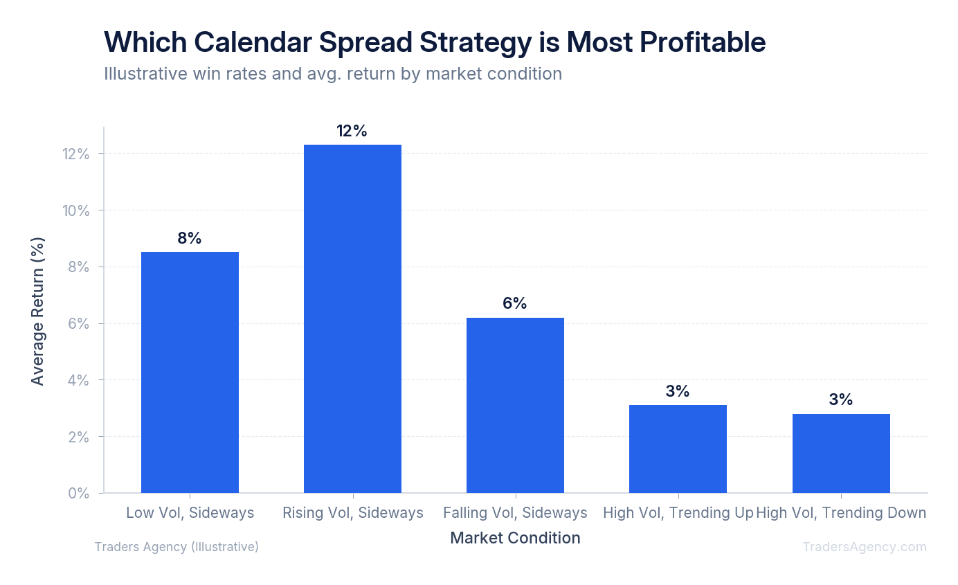 Bar chart showing average calendar spread returns across different volatility and directional market conditions