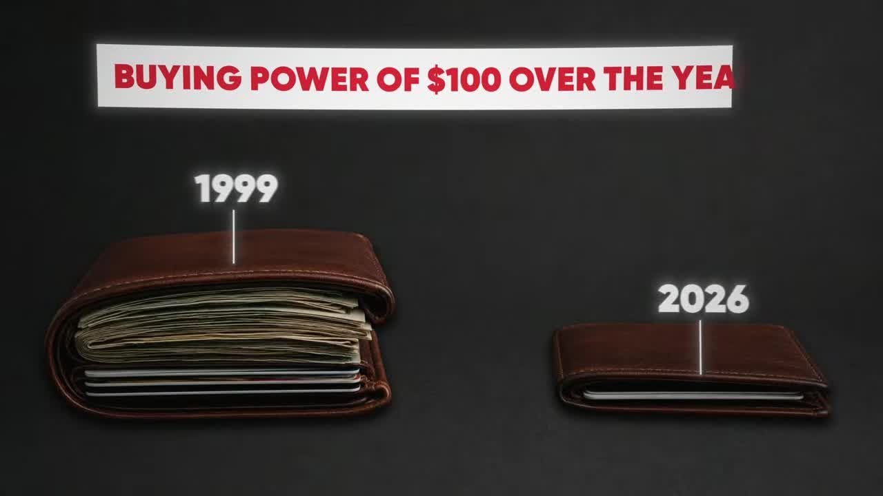 Comparison graphic showing a thick wallet full of cash in 1999 versus a thin, nearly empty wallet in 2026, illustrating the declining buying power of $100 over time.