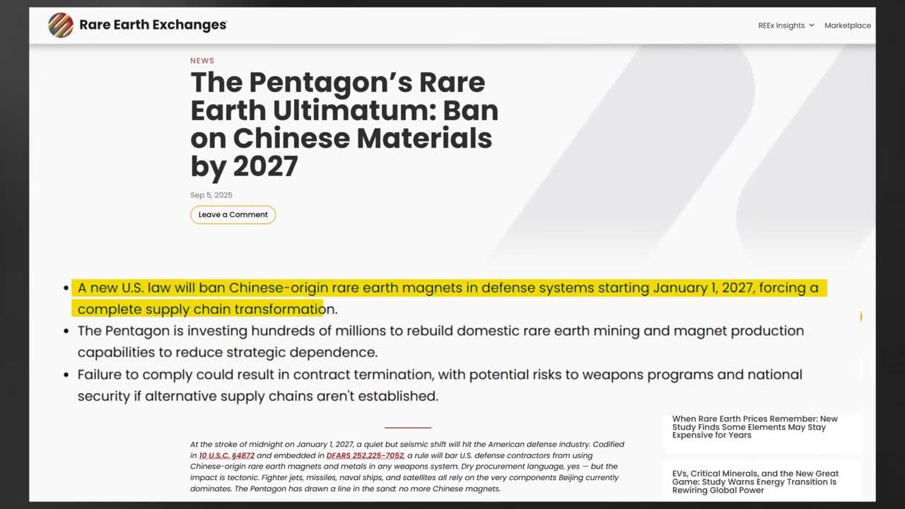 Infographic about the Pentagon's rare earth deadline: a new U.S. law will ban Chinese-origin rare earth magnets in defense systems starting January 1, 2027, forcing a complete supply chain transformation.