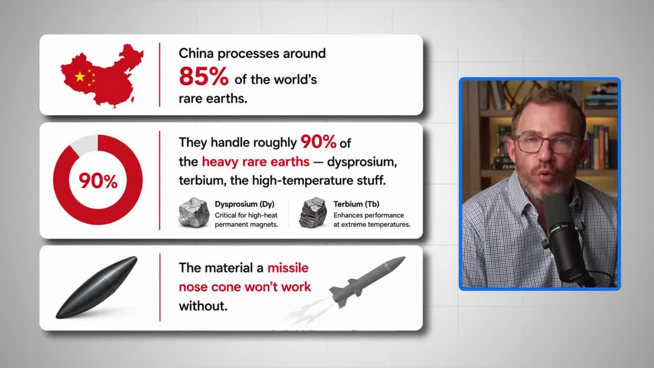 Infographic showing China processes 85% of world's rare earths and 90% of heavy rare earths including dysprosium and terbium, which are critical for missile systems