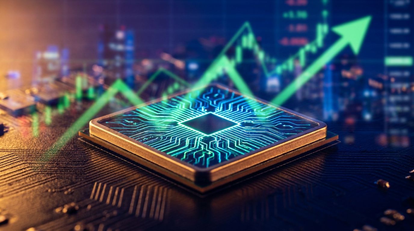 A dynamic close-up of a glowing semiconductor microchip with intricate circuit patterns illuminated in electric blue and green light, symbolizing the surge in chip stocks.