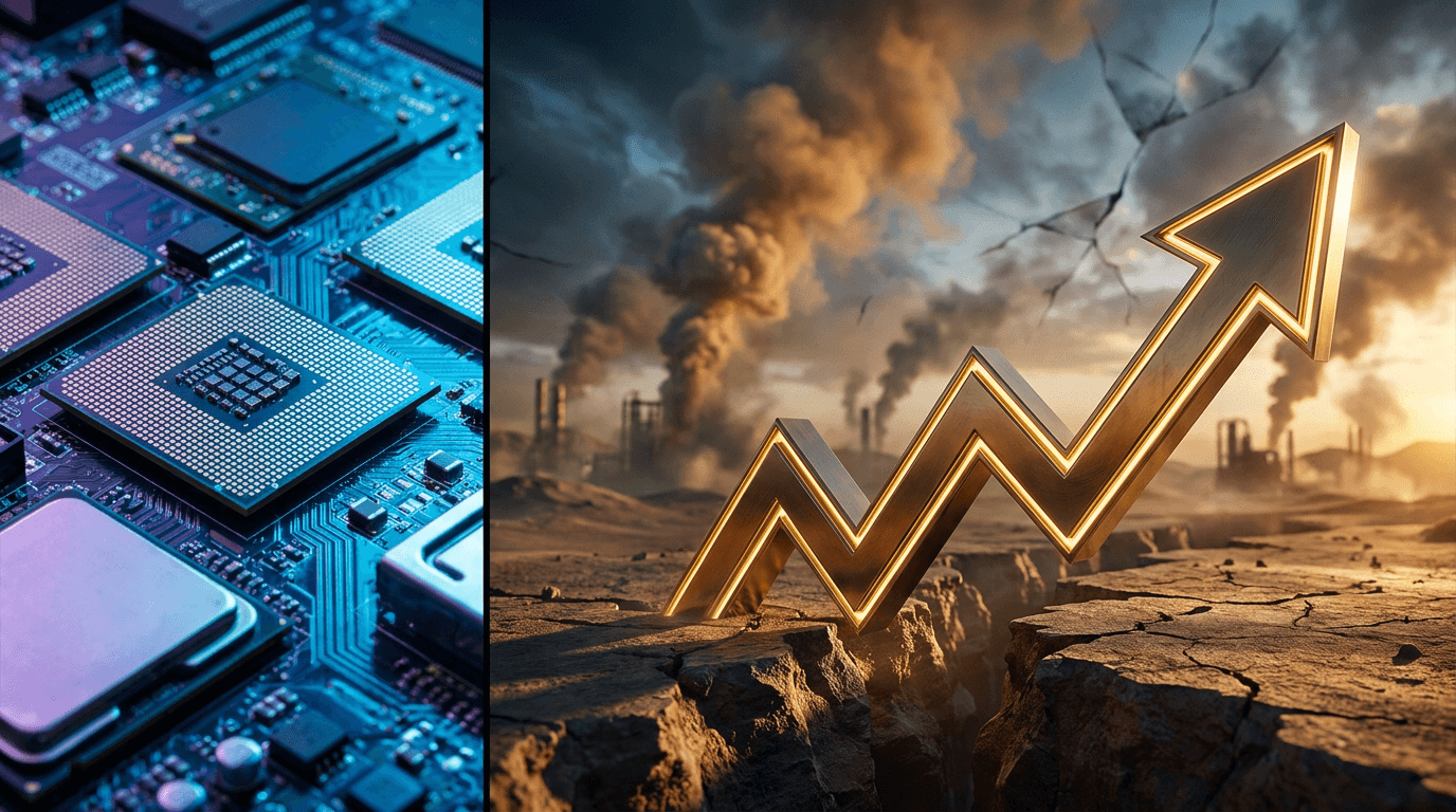 A dramatic split-screen composition showing gleaming semiconductor microchips and circuit boards on one side, bathed in cool blue light, contrasted against a backdrop of turbulent Middle Eastern desert skies with distant smoke plumes on the