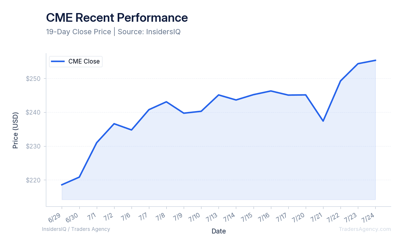 A line chart showing the daily closing price of CME Group stock over the last 30 days.