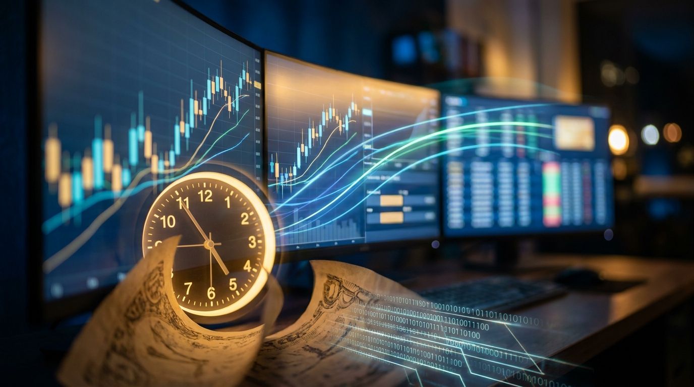 A sleek digital trading terminal or multiple glowing screens displaying stock charts and ticker symbols against a dark background, with a prominent clock or circular time indicator showing the 23-hour trading window.