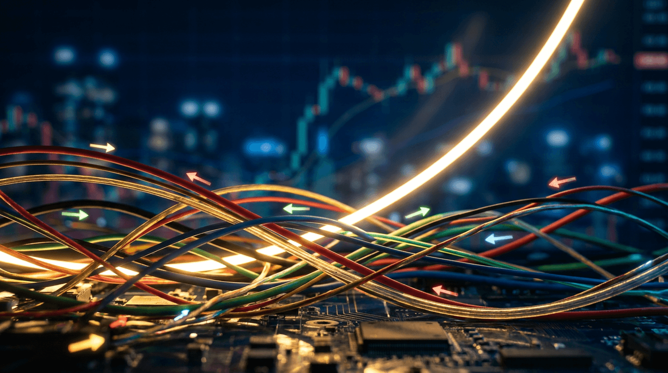 A tangled web of colorful lines crossing and overlapping on a dark financial chart background, with arrows pointing in conflicting directions, visually representing the chaos of sector money flows. In the foreground, a single bright, glowing line breaks cleanly upward from the chaos, symbolizing the clarity of an individual stock breakout signal emerging from the noise. The contrast between the messy background and the one clean, explosive upward trajectory immediately communicates the article's