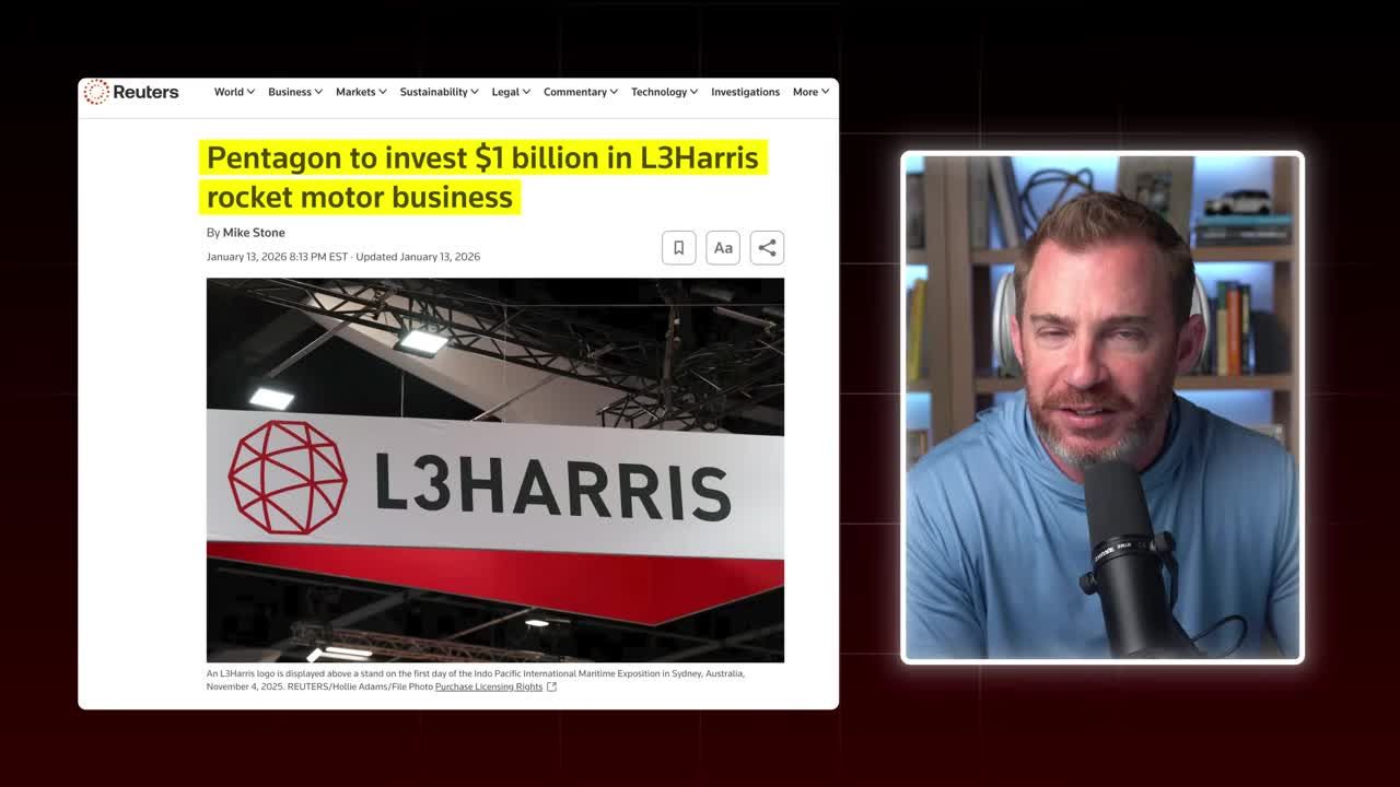 Reuters article headline: 'Pentagon to invest $1 billion in L3Harris rocket motor business', dated January 13, 2026