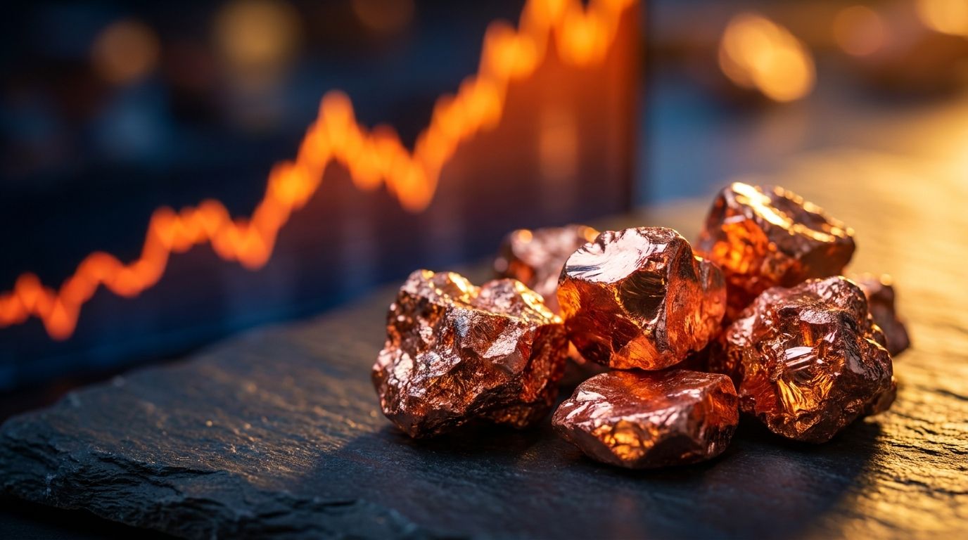 A dramatic close-up of rough, gleaming copper ore chunks with rich reddish-orange metallic surfaces, set against a dark background with a subtle upward-trending graph line glowing in the background.