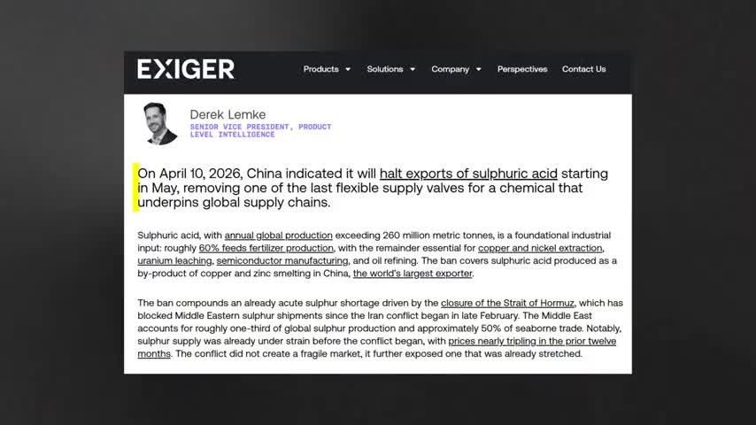 Exiger article excerpt stating China will halt exports of sulphuric acid starting May 2026, compounding an acute sulphur shortage driven by the closure of the Strait of Hormuz