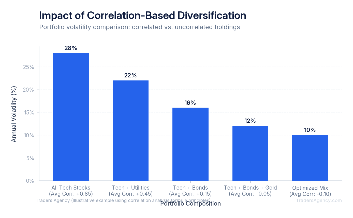 Bar chart comparing portfolio volatility reduction between a poorly diversified portfolio with high correlations and a well-diversified portfolio using correlation tools