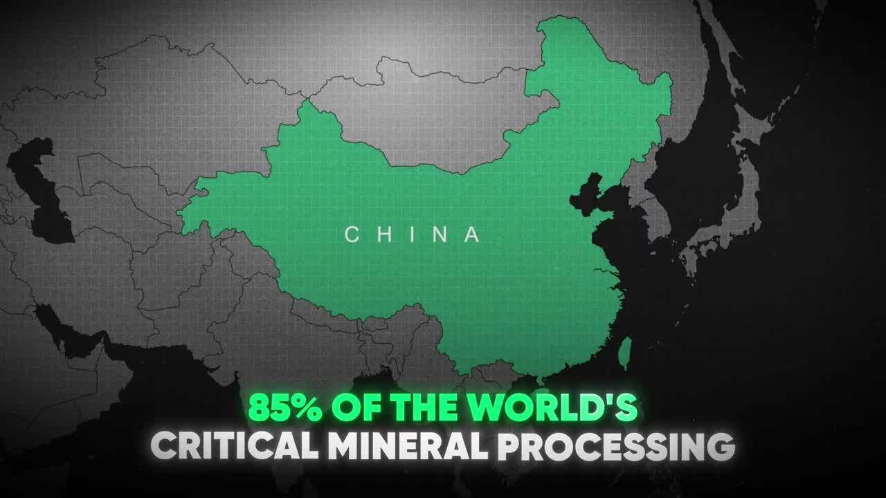 Map of China highlighted in green showing it controls 85% of the world's critical mineral processing