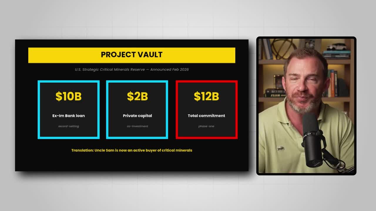 Project Vault infographic showing $12B total phase-one commitment: $10B Ex-Im Bank record-setting loan plus $2B private capital co-investment, for the U.S. Strategic Critical Minerals Reserve announced Feb 2026