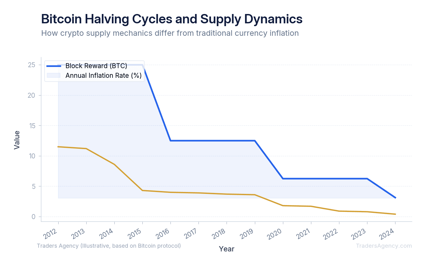Multi-line chart showing Bitcoin block rewards declining from 50 BTC to 3.125 BTC across four halvings from 2012 to 2024, with annual inflation rate decreasing