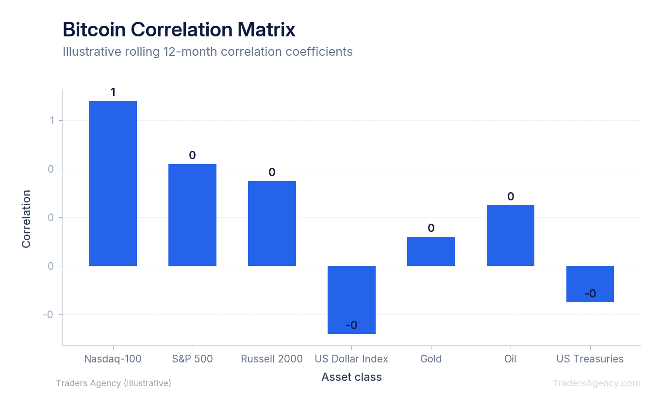 Bar chart showing Bitcoin correlation coefficients with various asset classes ranging from negative to positive values