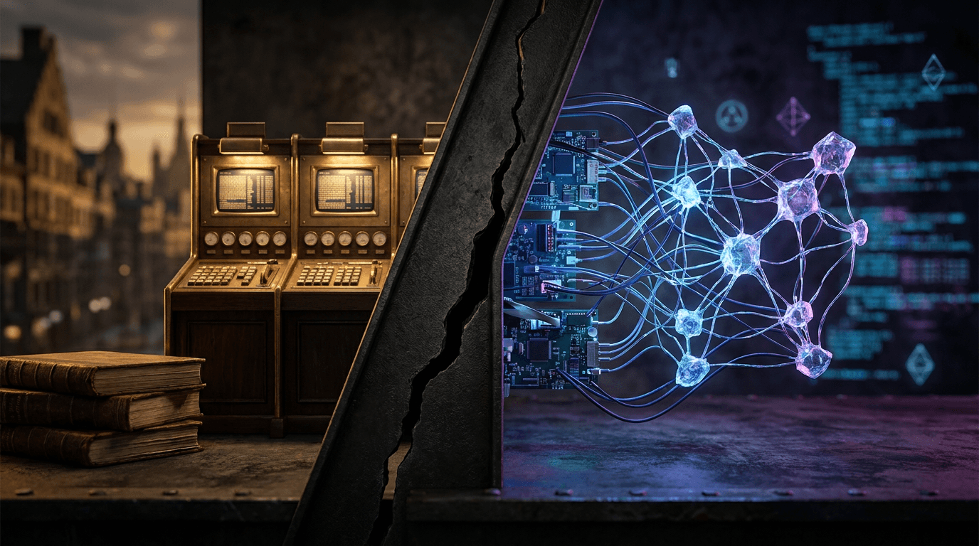 A split-screen composition divides the frame between a traditional stock exchange floor bathed in warm golden light with orderly rows of trading screens, and a glowing, electric-blue cryptocurrency network of interconnected nodes and blockc