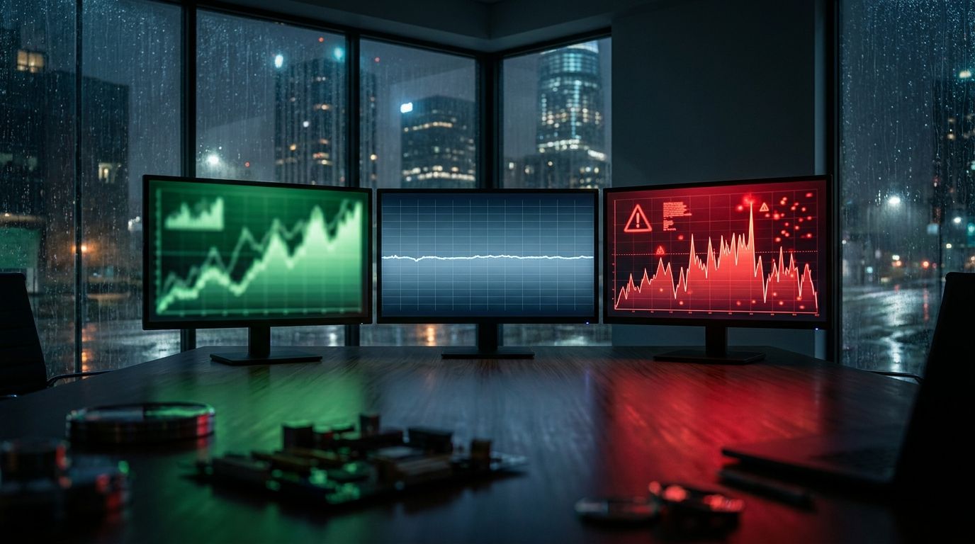 A split-screen or triptych composition showing three financial charts displayed on glowing screens, each pointing in a different direction — one trending sharply upward, one flat, one spiking with warning signals — casting contrasting green and red light across the scene. The visual tension between the conflicting data creates an immediate sense of uncertainty and complexity, with the charts appearing almost to argue with one another. The overall mood should feel dramatic and slightly unsettling