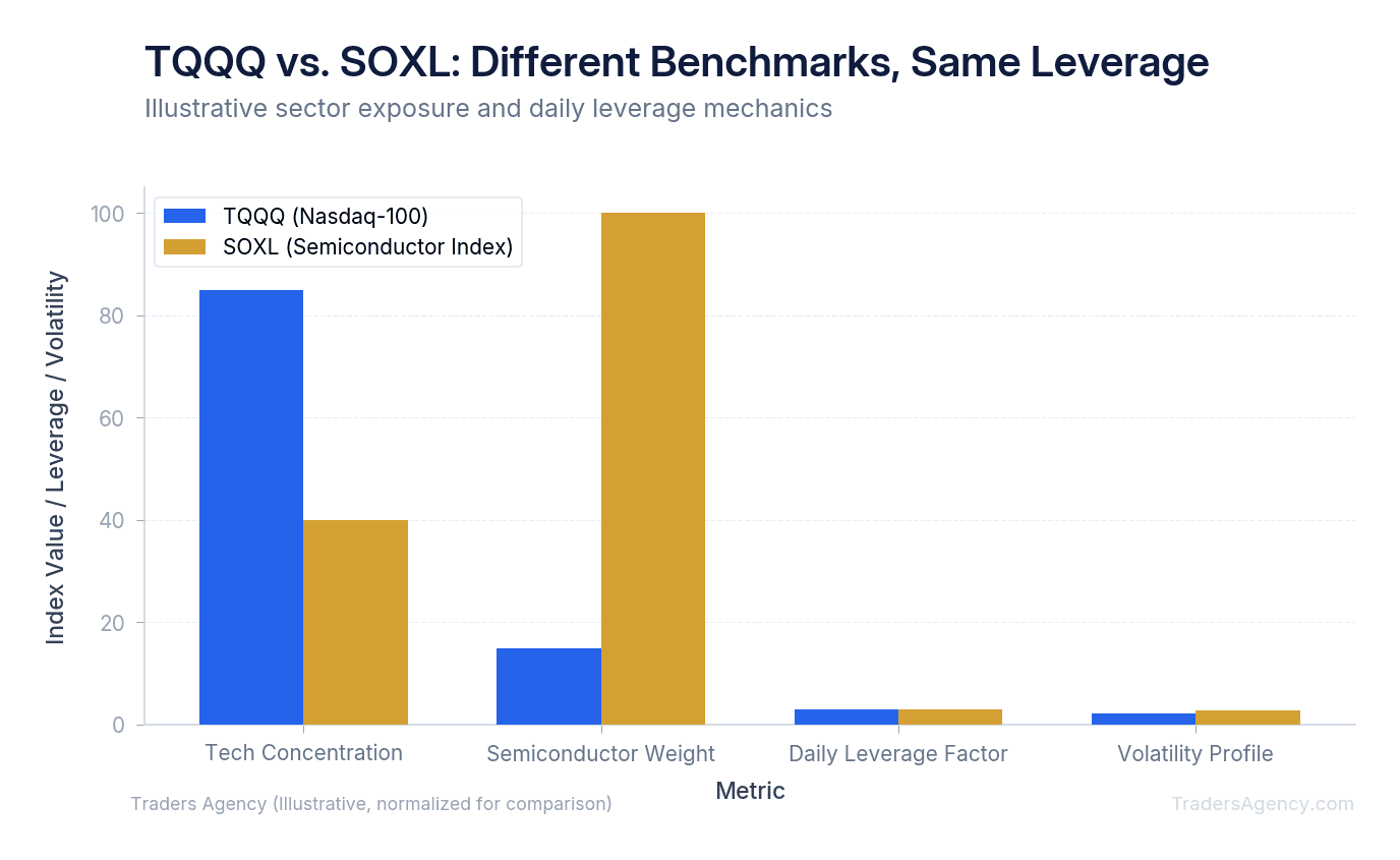 Bar chart showing the different underlying indices (Nasdaq-100 vs. Semiconductor Index) and their 3x leverage applied to each