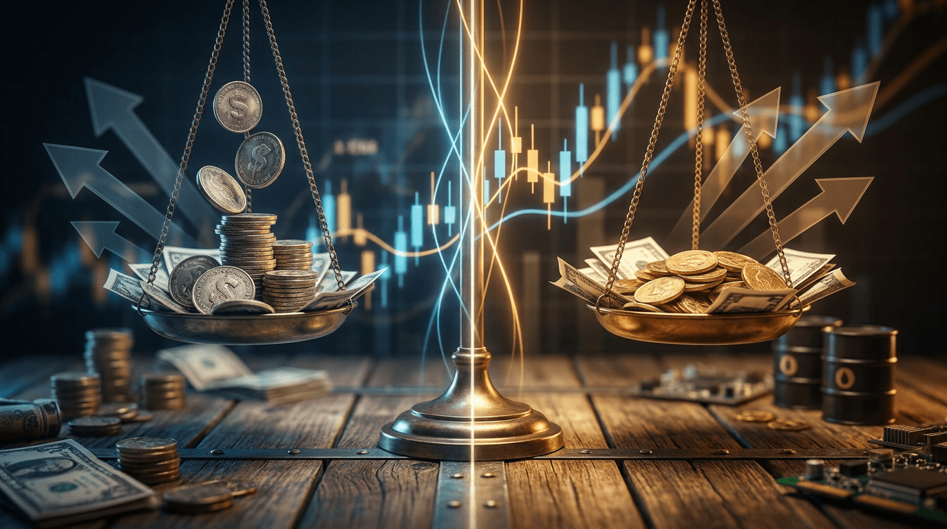 A split-composition image showing two balanced scales or a divided financial dashboard — one side depicting money flowing outward (coins or bills leaving a hand) representing a debit spread, and the other side showing money flowing inward (