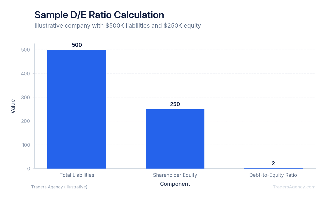 Bar chart showing total liabilities of $500,000 and shareholder equity of $250,000 resulting in a debt-to-equity ratio of 2.0