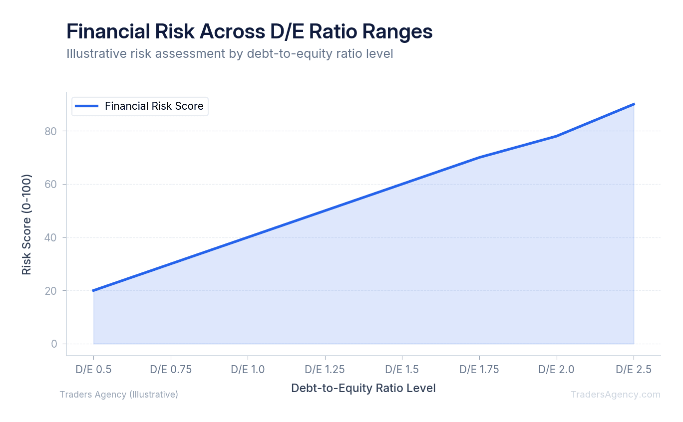 Area chart showing risk increasing from conservative (D/E 0.5) through moderate (D/E 1.0-1.5) to aggressive (D/E 2.5+)