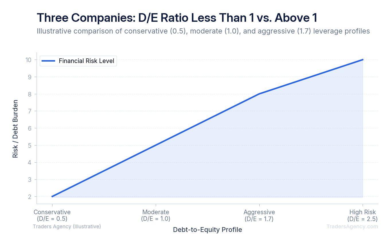 Multi-line chart showing three companies with different D/E ratios (0.5, 1.0, and 1.7) and their relative risk profiles