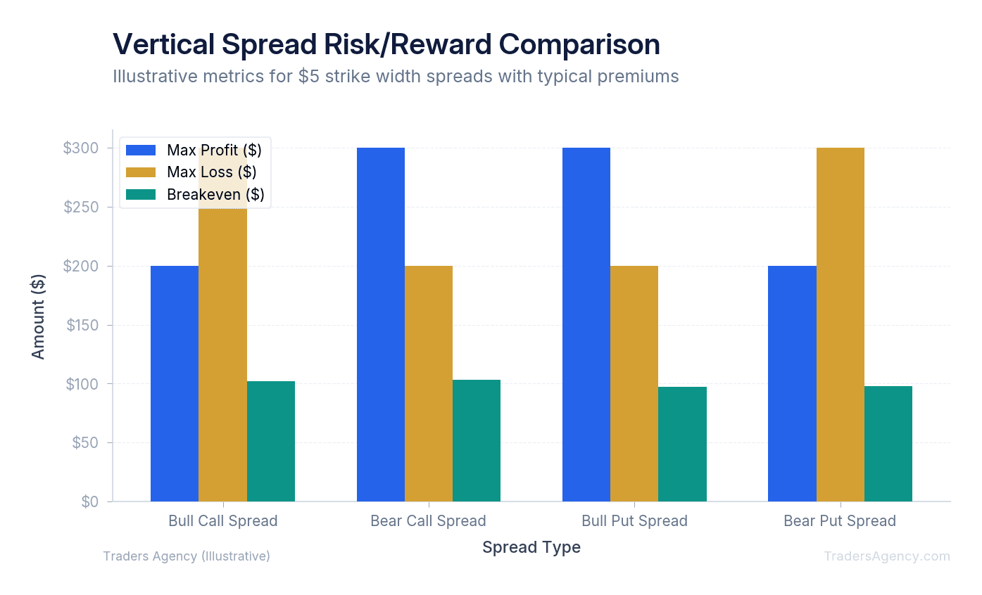 Bar chart comparing maximum profit, maximum loss, and breakeven points across bull call, bear call, bull put, and bear put spreads