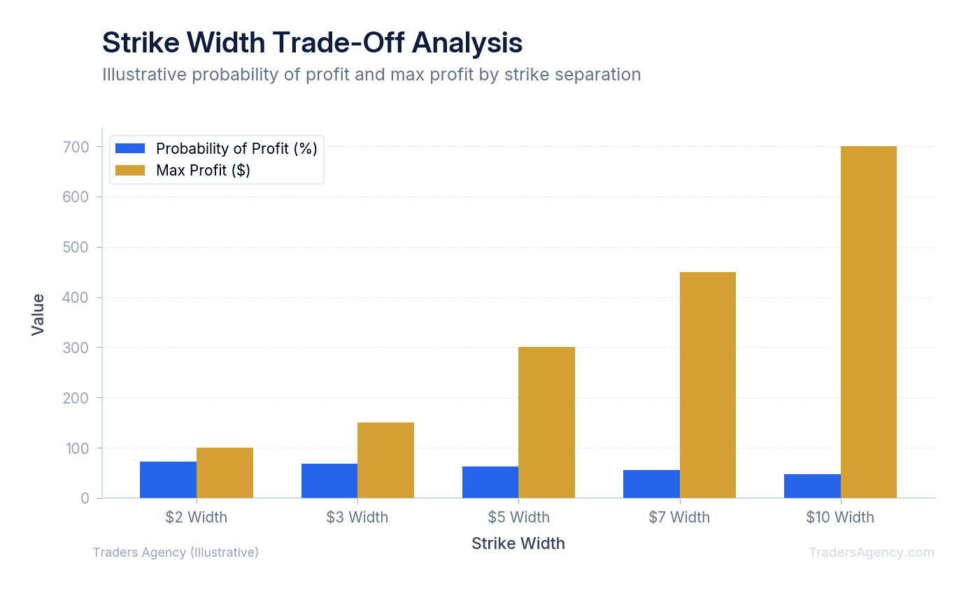 Bar chart showing how wider strike widths reduce probability of profit but increase max profit potential