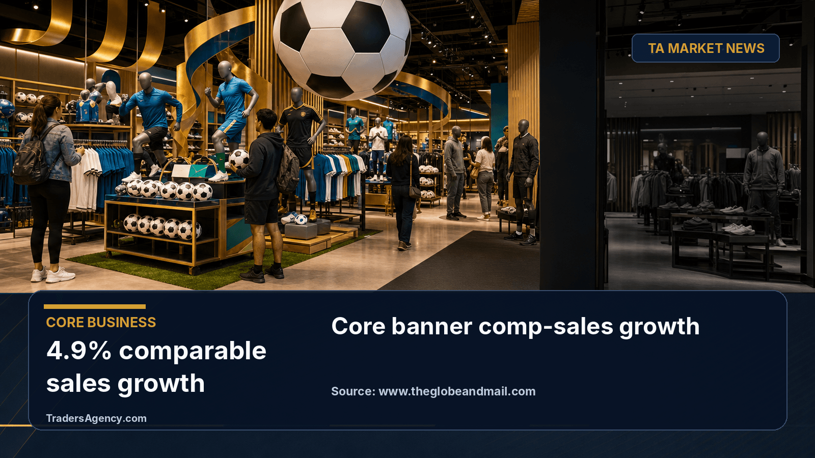 Illustrated bright sporting goods store floor with World Cup soccer merchandise, symbolizing DICK'S core business growth contrasted with a weaker adjacent retail section.