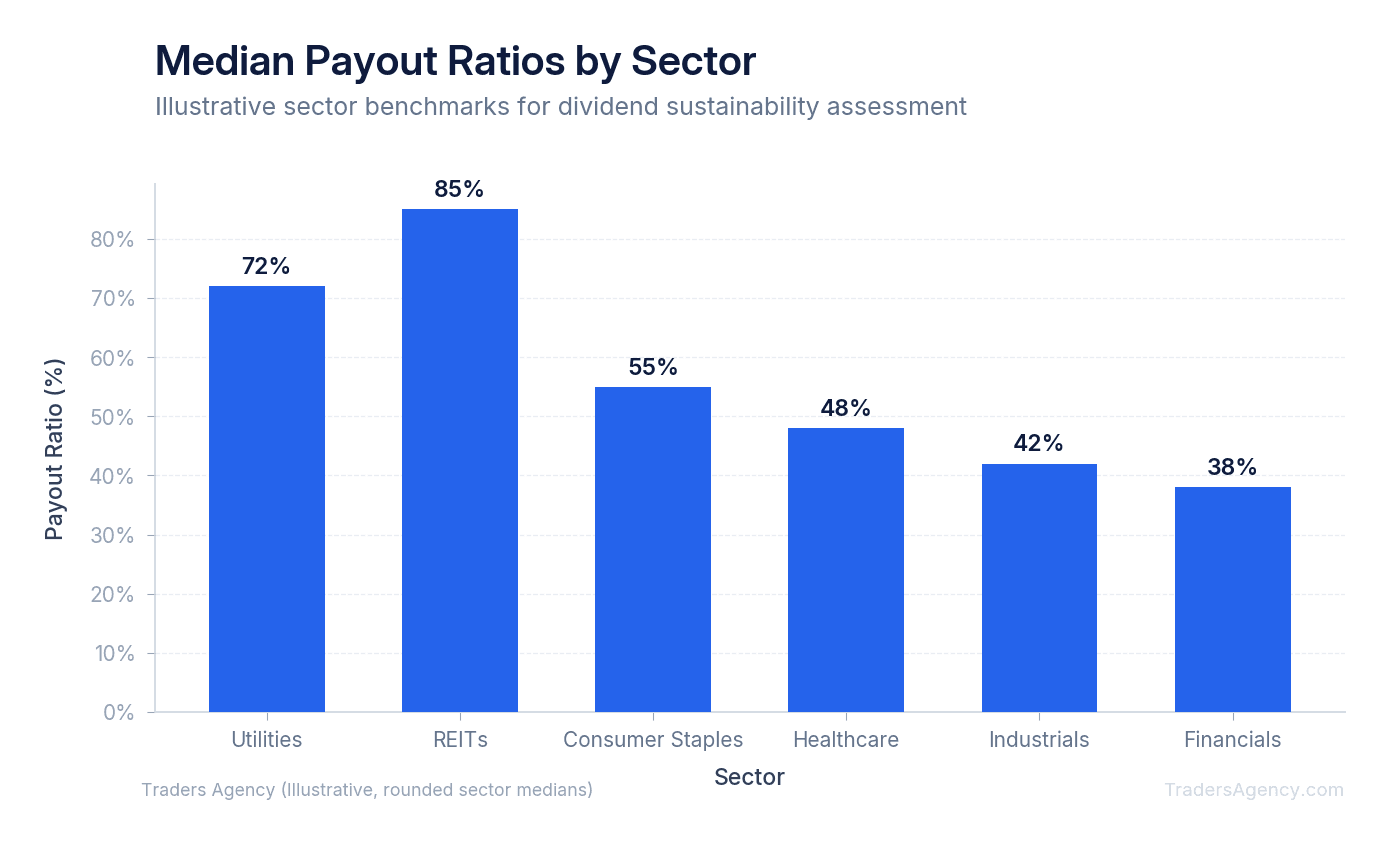 Bar chart showing median payout ratios for utilities, REITs, consumer staples, healthcare, and industrials