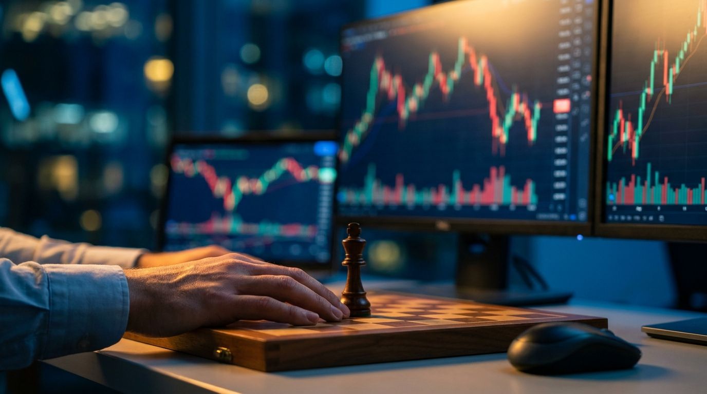 A trader sits calmly at a desk watching multiple screens filled with volatile, rapidly moving candlestick charts, their posture relaxed and composed while the screens glow with dramatic red and green price swings. The contrast between the chaotic market movement on the screens and the trader's stillness visually captures the theme of patience over impulsive reaction. A subtle visual element — perhaps a chess piece or a steady hand hovering over a mouse — reinforces the idea of strategic discipli
