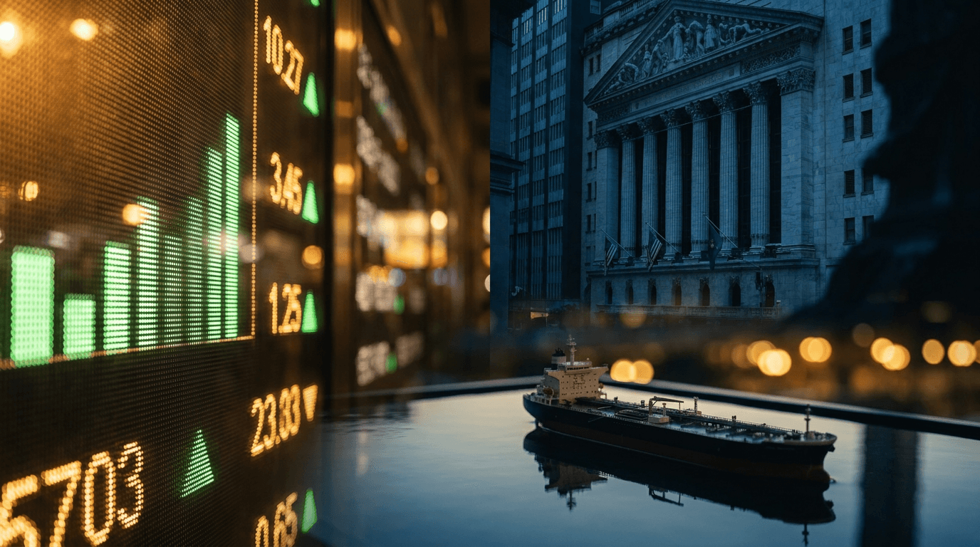 A split visual showing the iconic Dow Jones ticker board displaying record-high green numbers on one side, while the other side features a Federal Reserve building bathed in cool, hesitant blue light, symbolizing the tension between market