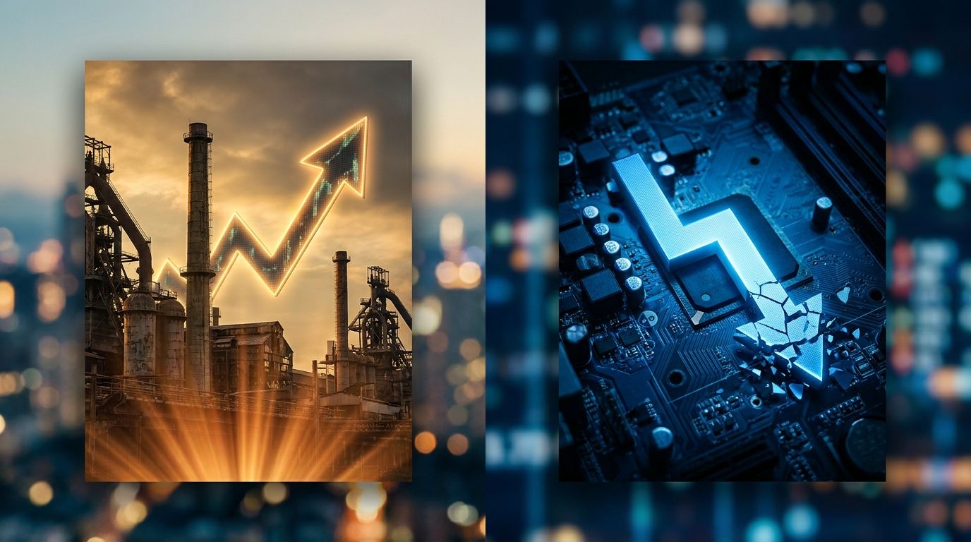 A dramatic split-screen financial scene showing a classic industrial skyline or factory on one side bathed in warm golden upward light, contrasting sharply with a dark, downward-trending semiconductor chip or circuit board on the other side