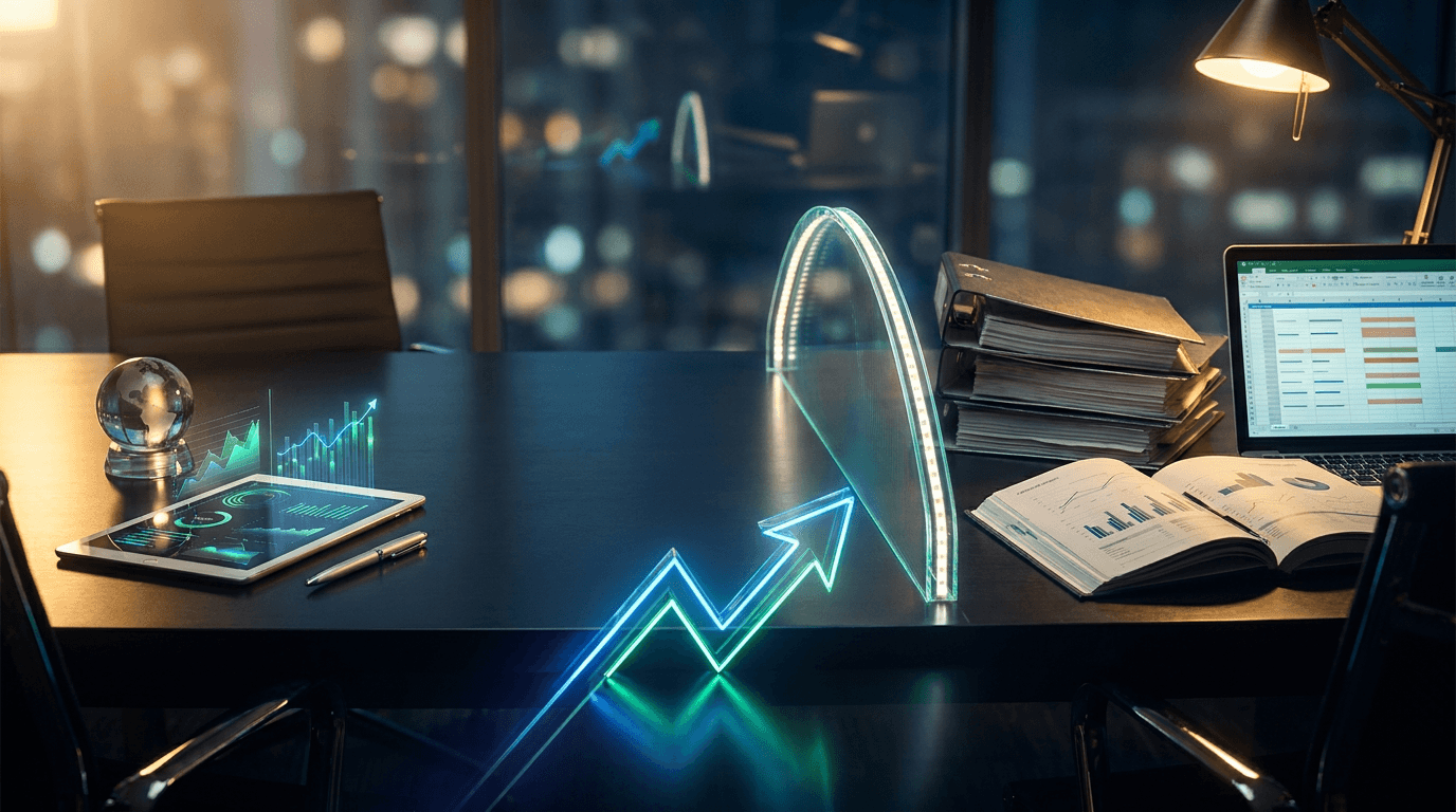 A split-scene image showing two figures facing each other across a glowing divide — on one side, a confident executive in a boardroom pointing to upward-trending charts on a screen, and on the other, an analyst at a desk surrounded by finan