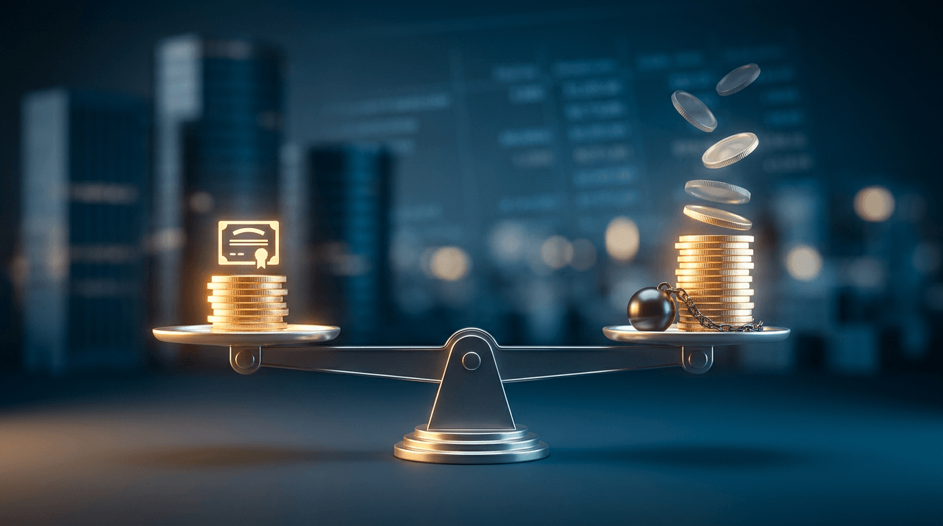 A stylized weighing scale or balance beam set against a clean financial-blue background: on one side sits a single glowing stock certificate or coin stack representing "market cap," while the other side holds that same stack plus additional