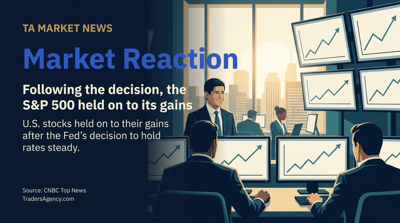 Illustration of a trading floor with a steady, positive market mood following the Fed's rate decision.