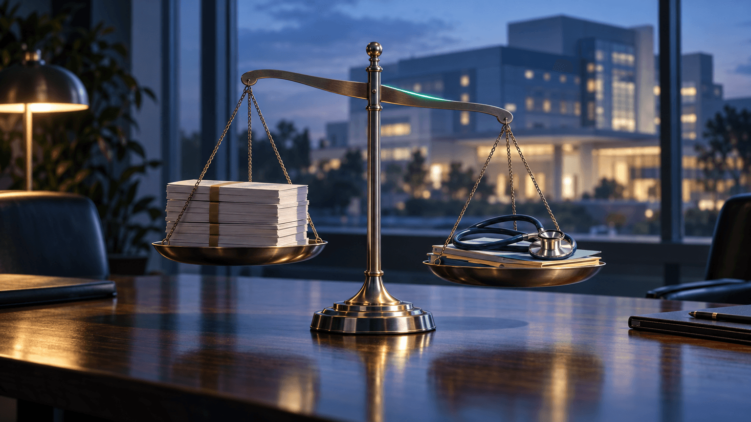 A balance scale on a boardroom table weighing ledger papers against a stethoscope and medical folders, with a hospital building softly visible through a window at dusk.
