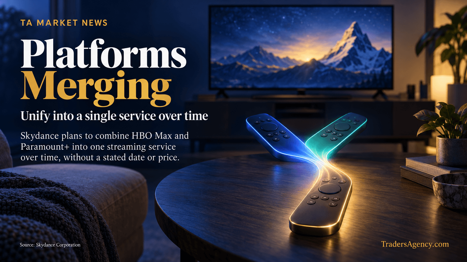 Two remote controls on a living room table converging into one, symbolizing the planned unification of HBO Max and Paramount+.
