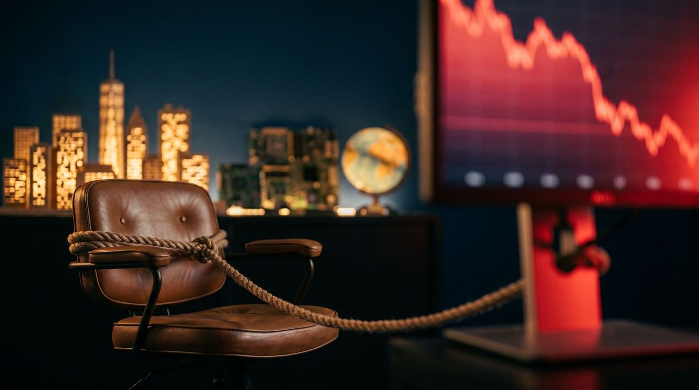 A trader sits frozen at a desk, staring at a glowing red stock chart on a monitor, with chains or ropes subtly binding their wrists to the screen. The room around them is dim while bright opportunities visually glow and fade in the background, out of reach. The overall mood conveys being mentally trapped — stuck in place while the market moves on without them.
