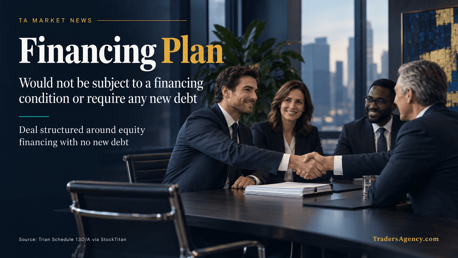 Investors shaking hands over paperwork in an office, representing an equity-financed acquisition agreement.