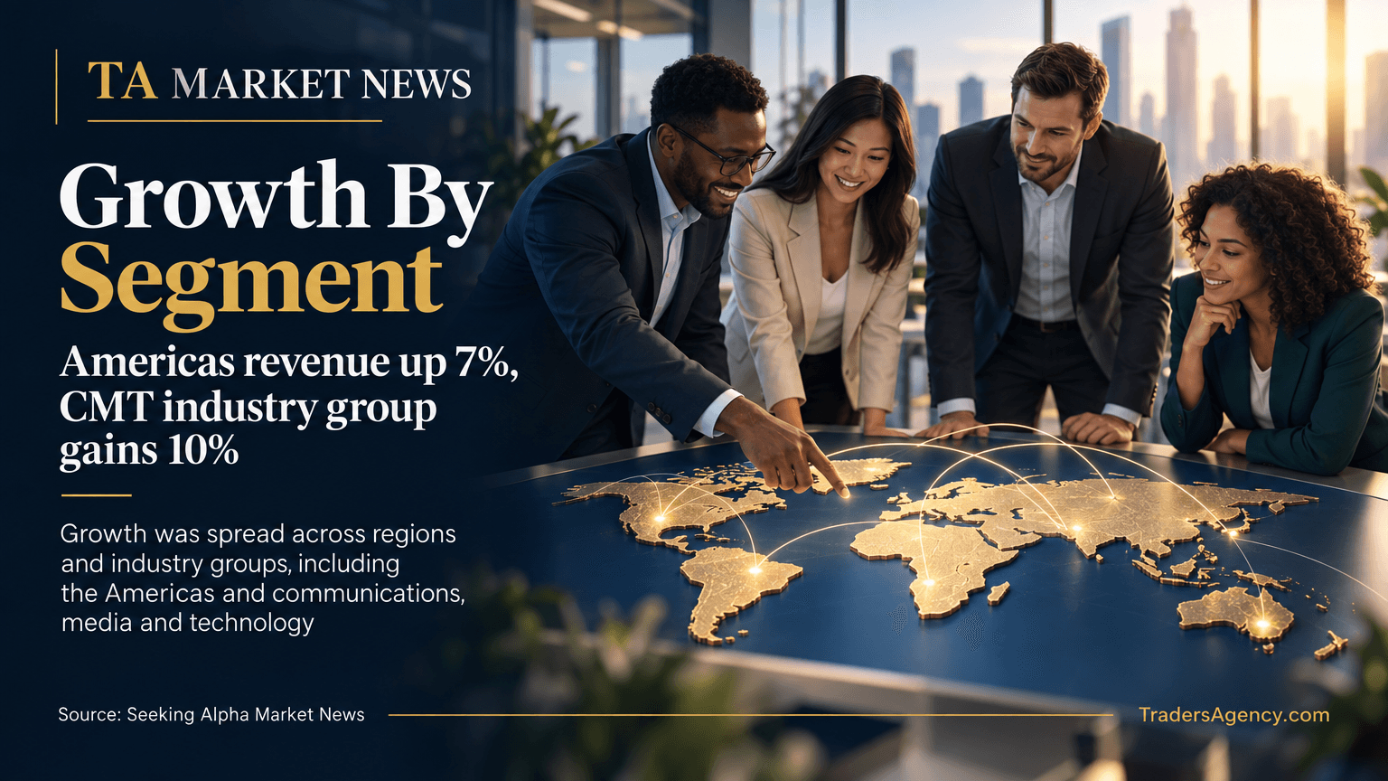 Illustration of professionals around a world map symbolizing broad-based geographic and industry growth.